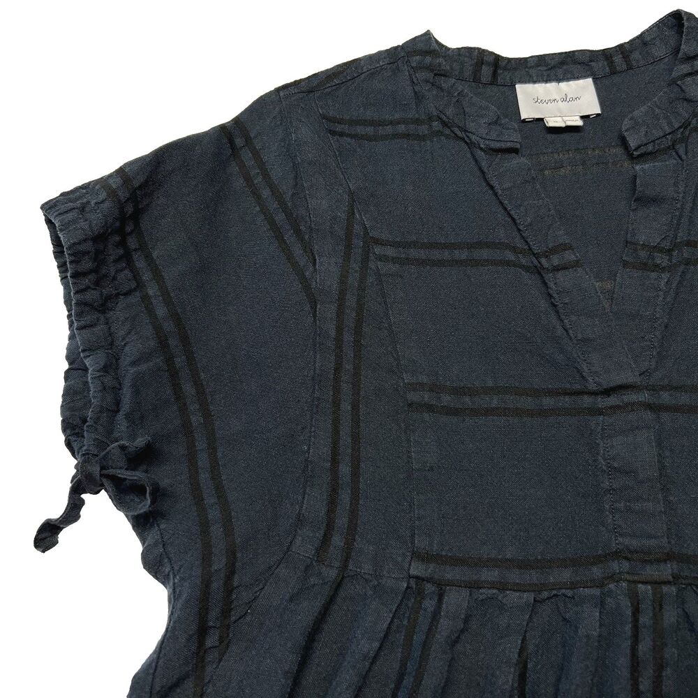 Steven Alan Womens 99% Linen Cotton Navy Black Stripe Dress USA Made Boho Medium - Picture 11 of 16